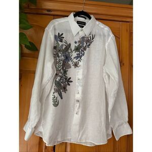 NWT Paul Fredrick Linen Button-Down Shirt, Botanical/Floral Print, White, XL